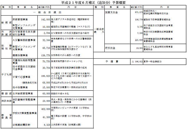 平成21年6月29日市議会へ提出した案件の主要内容